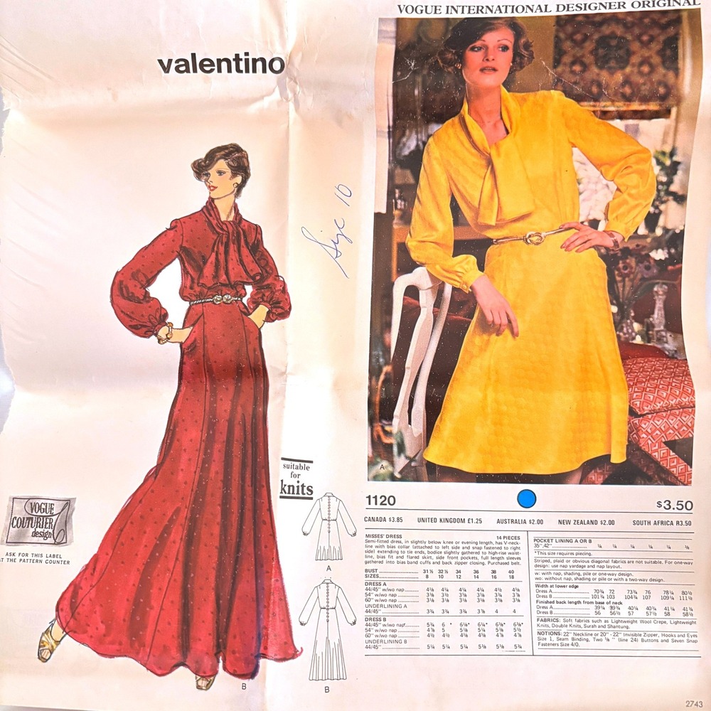 Vogue 1120 Couturier Valentino Rare 70s Bias Dress S10 Catalog Pg Designer Uncut